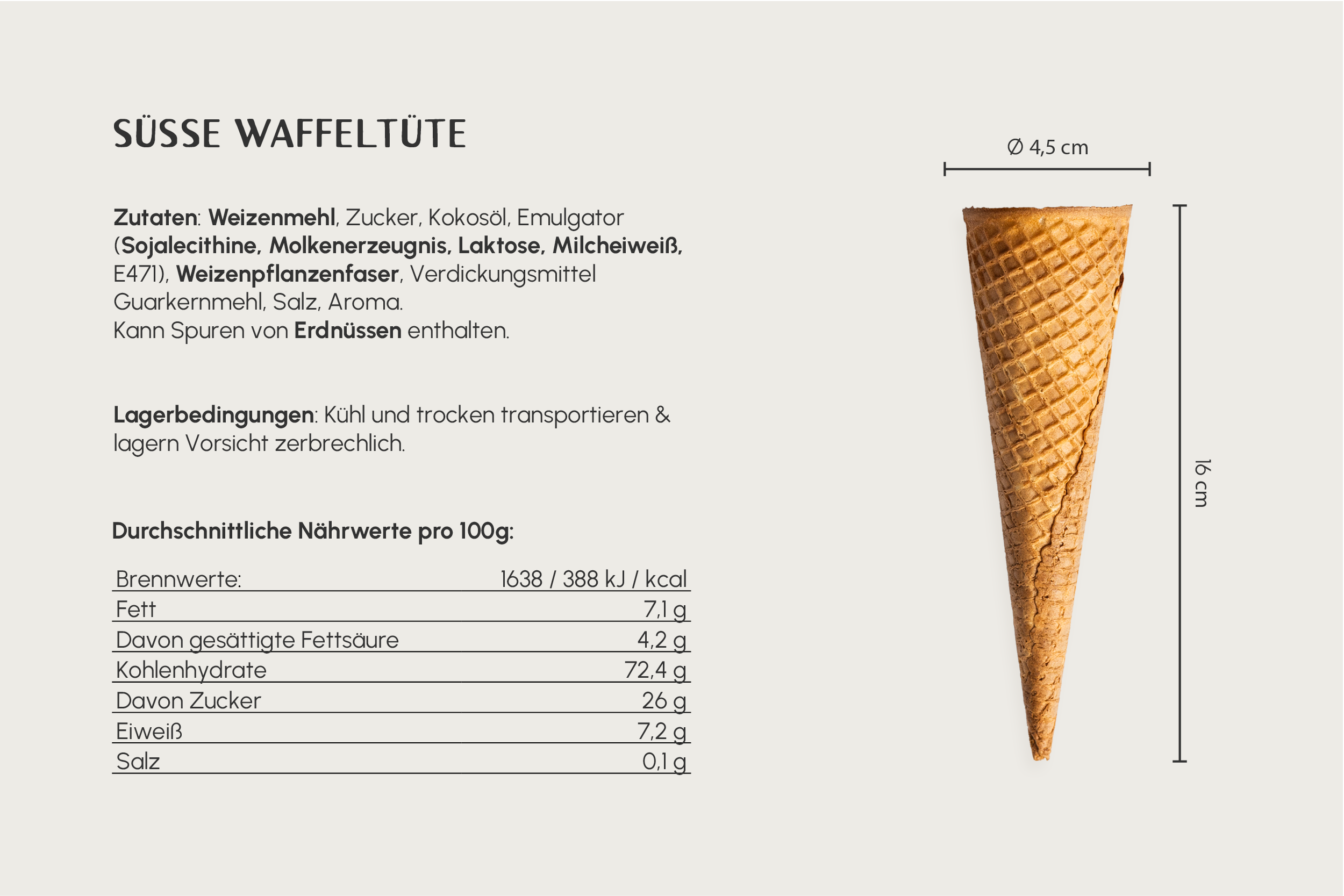 Süße Waffeltüte, hell, Ø 4,5 x H 16 cm, kleine Karo, mit Rand, für 1-2 Kugeln, Kt. Nr. 106 (420er Karton)