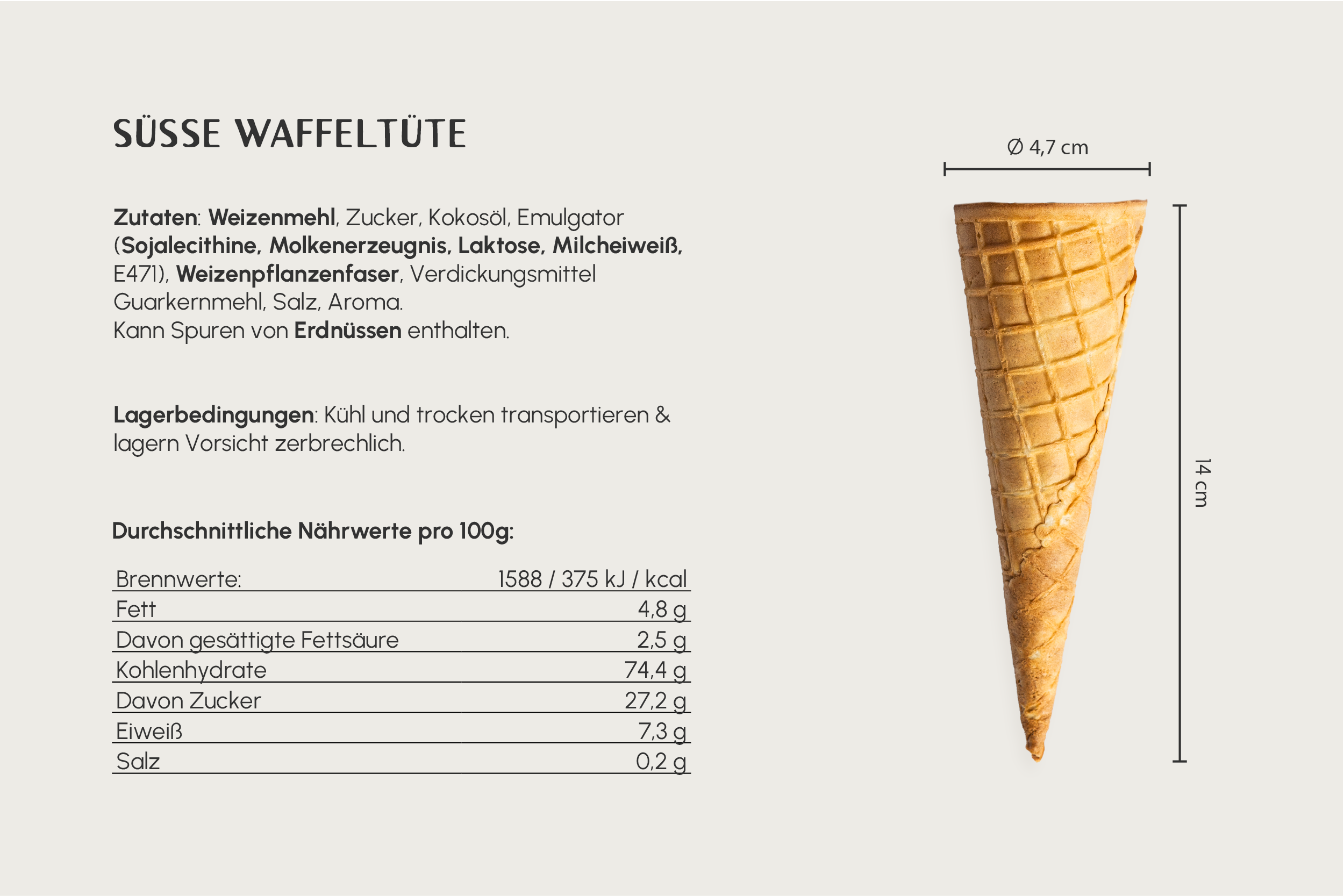 Süße Waffeltüte, hell, Ø 4,7 x H 14 cm, große Karo, mit Rand, für 1 Kugel, Kt. Nr. 02R (375er Karton)